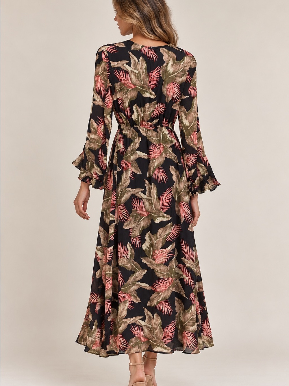 Billabong Black Maxi Dress with Olive and Pink Botanical Print size M - Picture 2 of 9